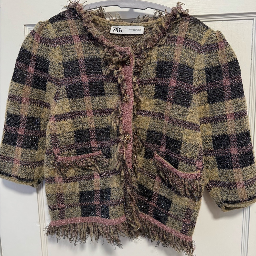 Zara Tweed Plaid Cardigan